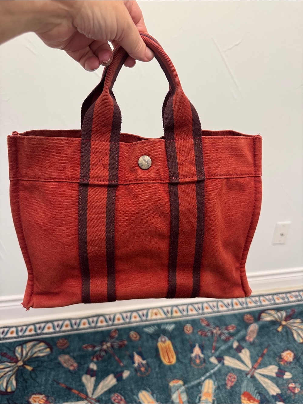 Hermes Red Canvas snap top Tote with Brown Stripes
